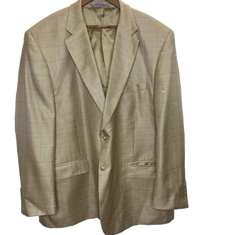 W.H. Belk Silk Wool Summer Blazer Mens 48R Plaid Houndstooth Sport Coat Beige